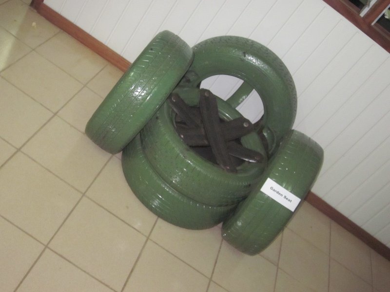 garden chairs made of tyres, on display.JPG - Garden chair made of car tyres on display
